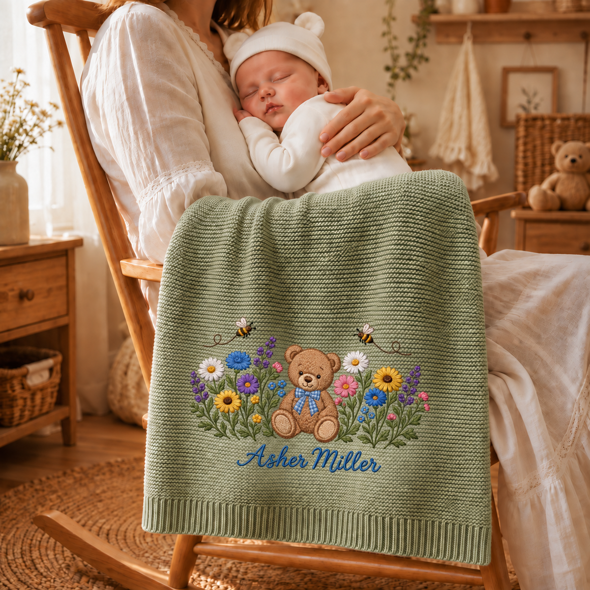 Custom Name Baby Knitted Blanket Teddy Bear Bees Wildflowers Warm Infant Swaddle Throw