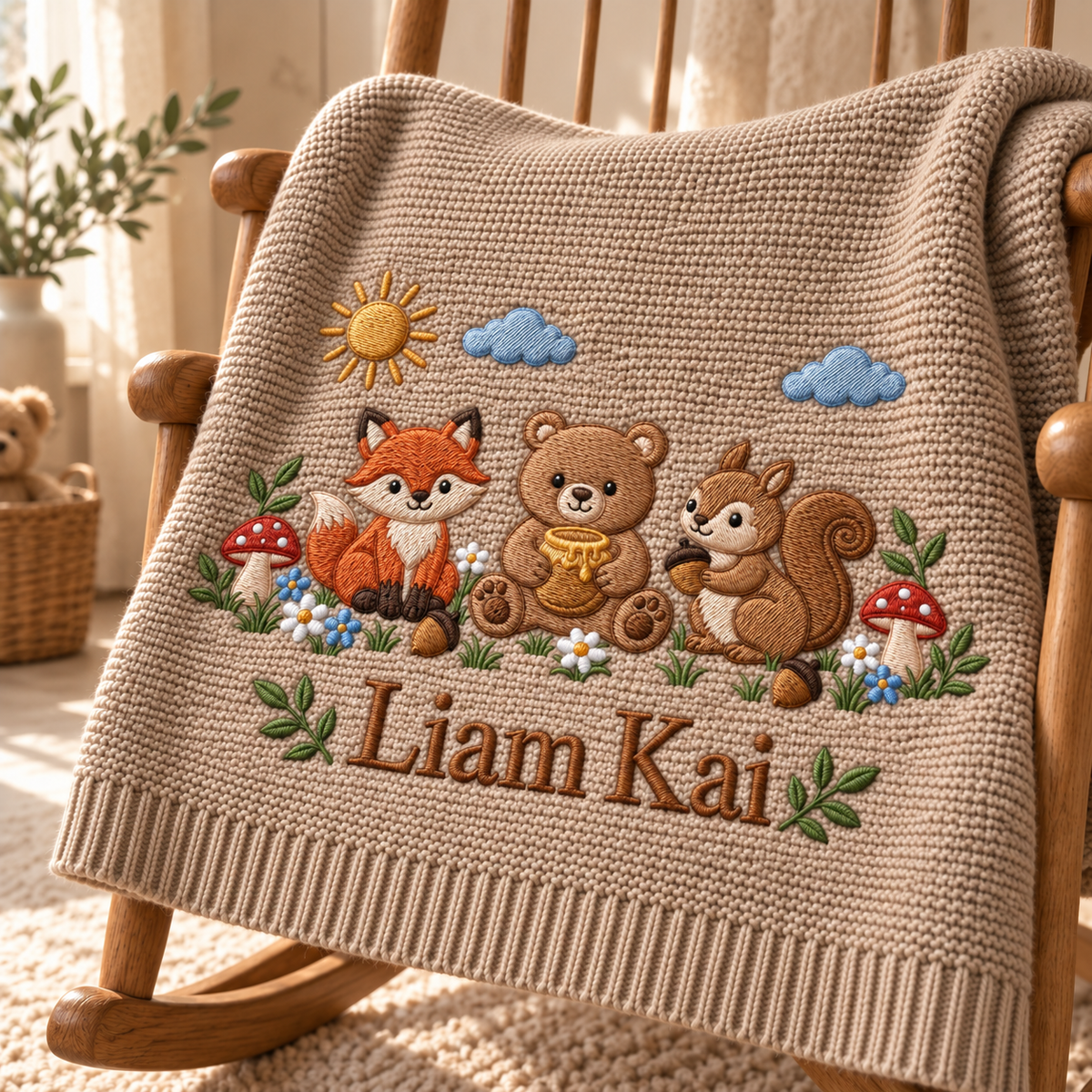 Custom Name Baby Knitted Blanket Woodland Animals Fox Bear Squirrel Swaddle Sheet Throw