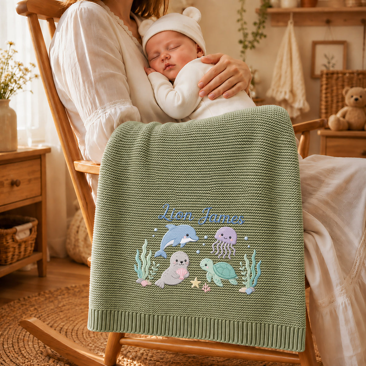Custom Name Baby Knitted Blanket Dolphin Seal Sea Turtle Warm Infant Swaddle Sheet Throw