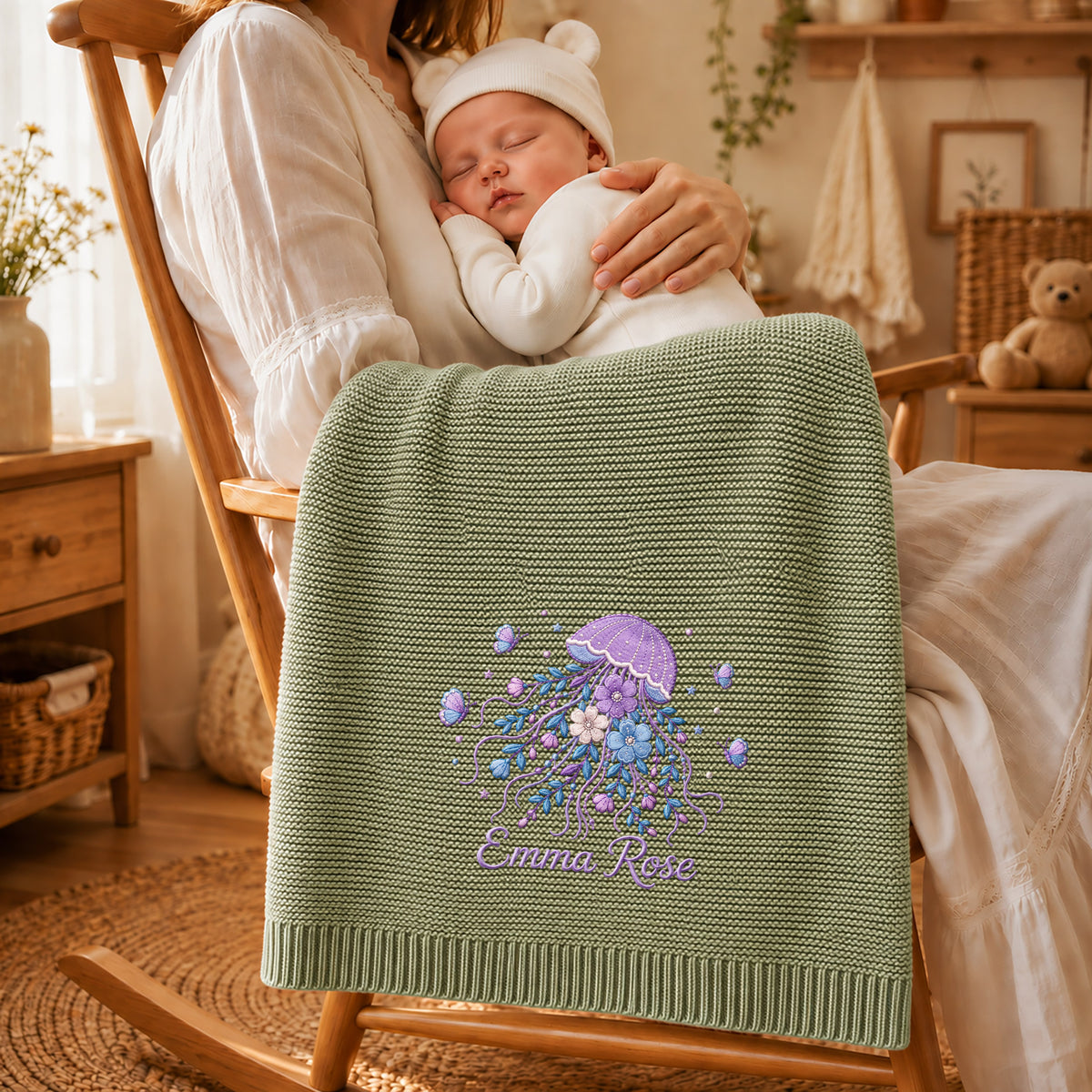 Custom Name Baby Knitted Blanket Jellyfish Floral Butterflies Warm Swaddle Sheet Throw