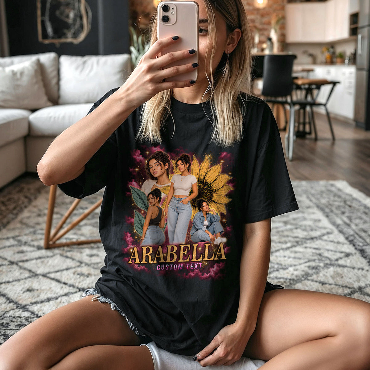 Personalized Vintage Sunflower Custom Photo Graphic Tee Shirt Retro Cotton Apparel