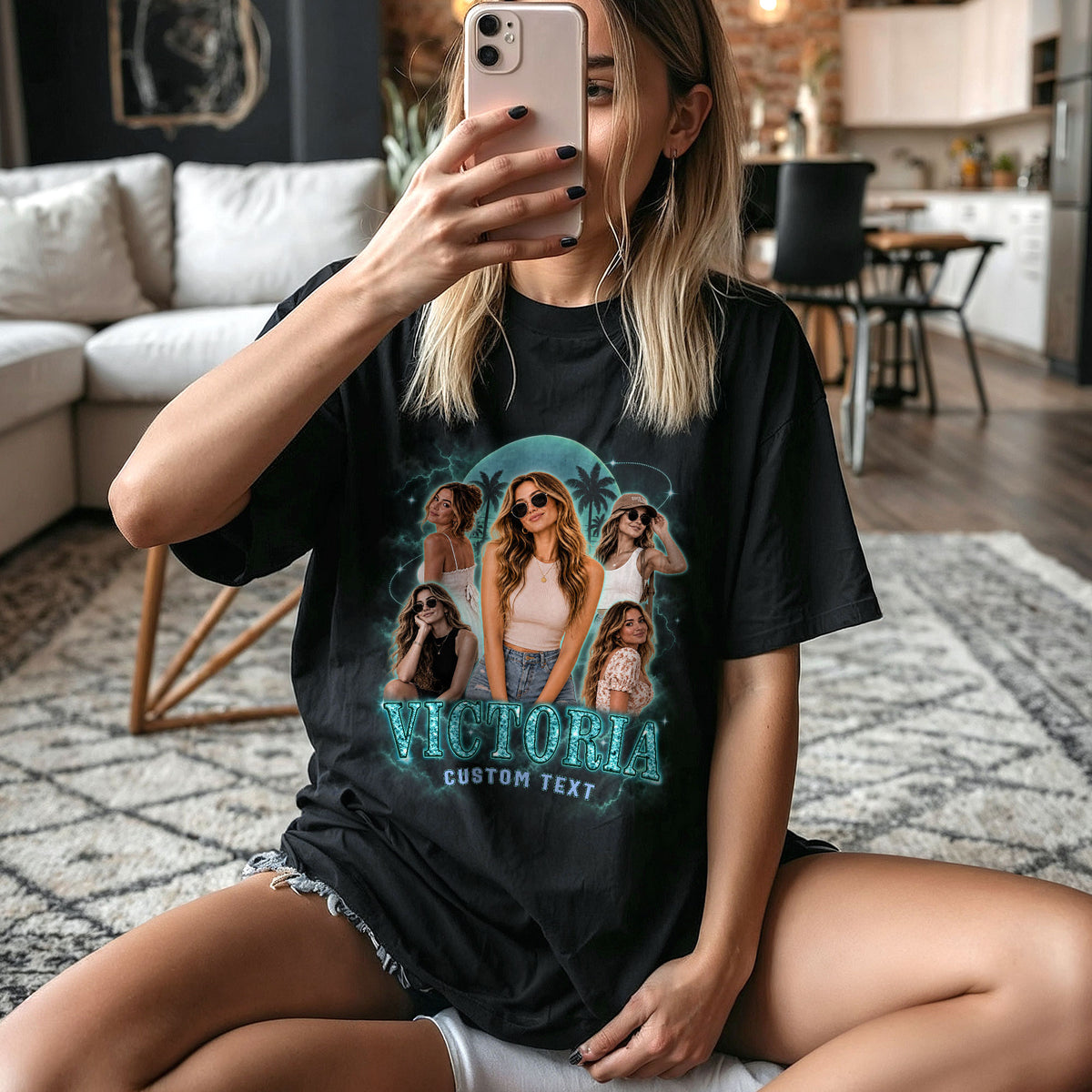 Personalized Vintage Sunset Palm Custom Photo Graphic Tee Shirt Retro Cotton Apparel