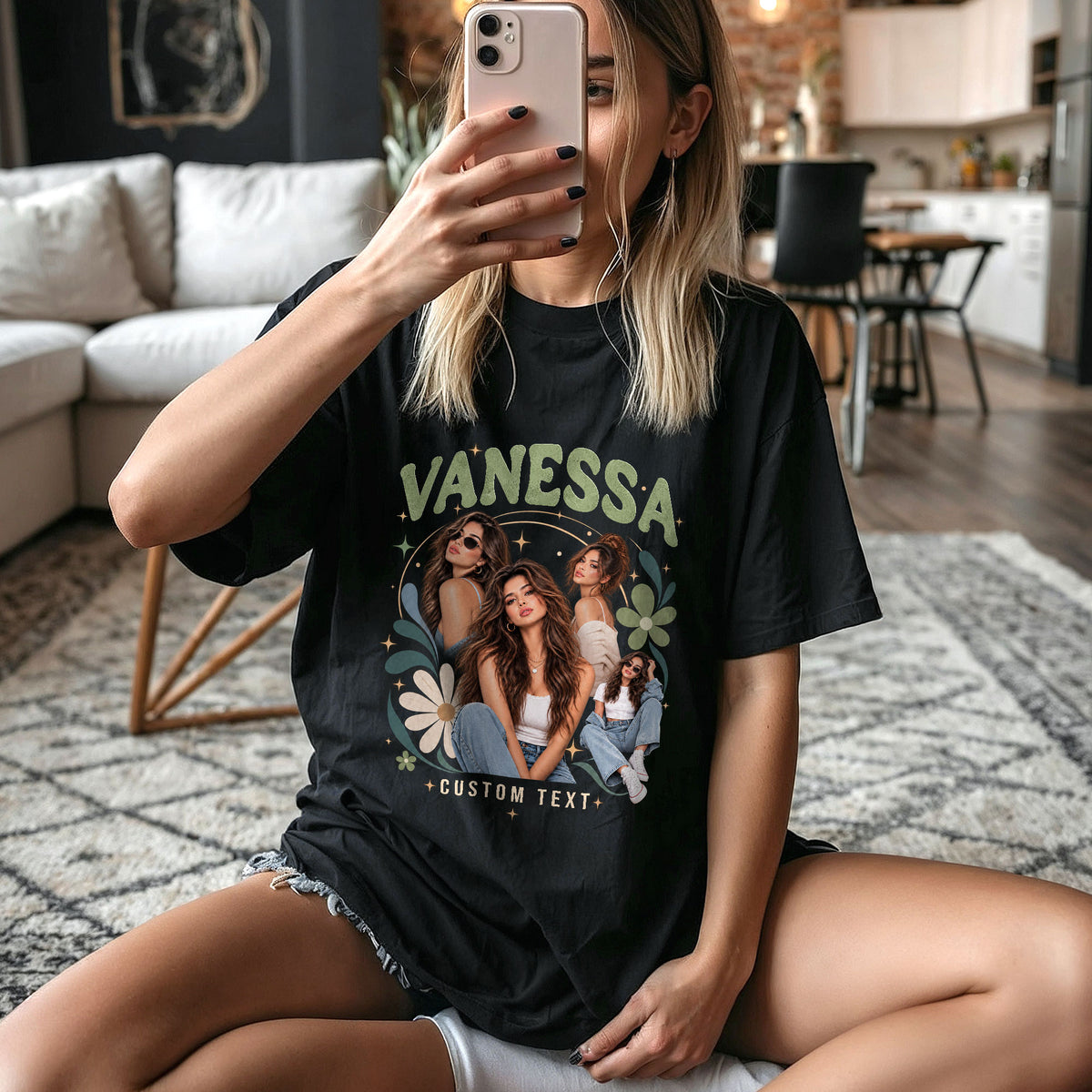 Personalized Vintage Floral Custom Photo Graphic Tee Shirt Retro Cotton Apparel