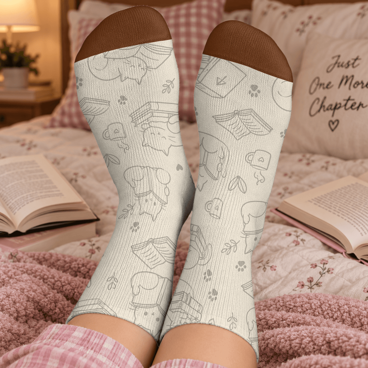 Custom Book Socks with Girl and Cat Reader Art, Socks for Women and Men with Style, Christmas Gifts and Book Lovers Gifts for Reading, Pallyprints Co.
