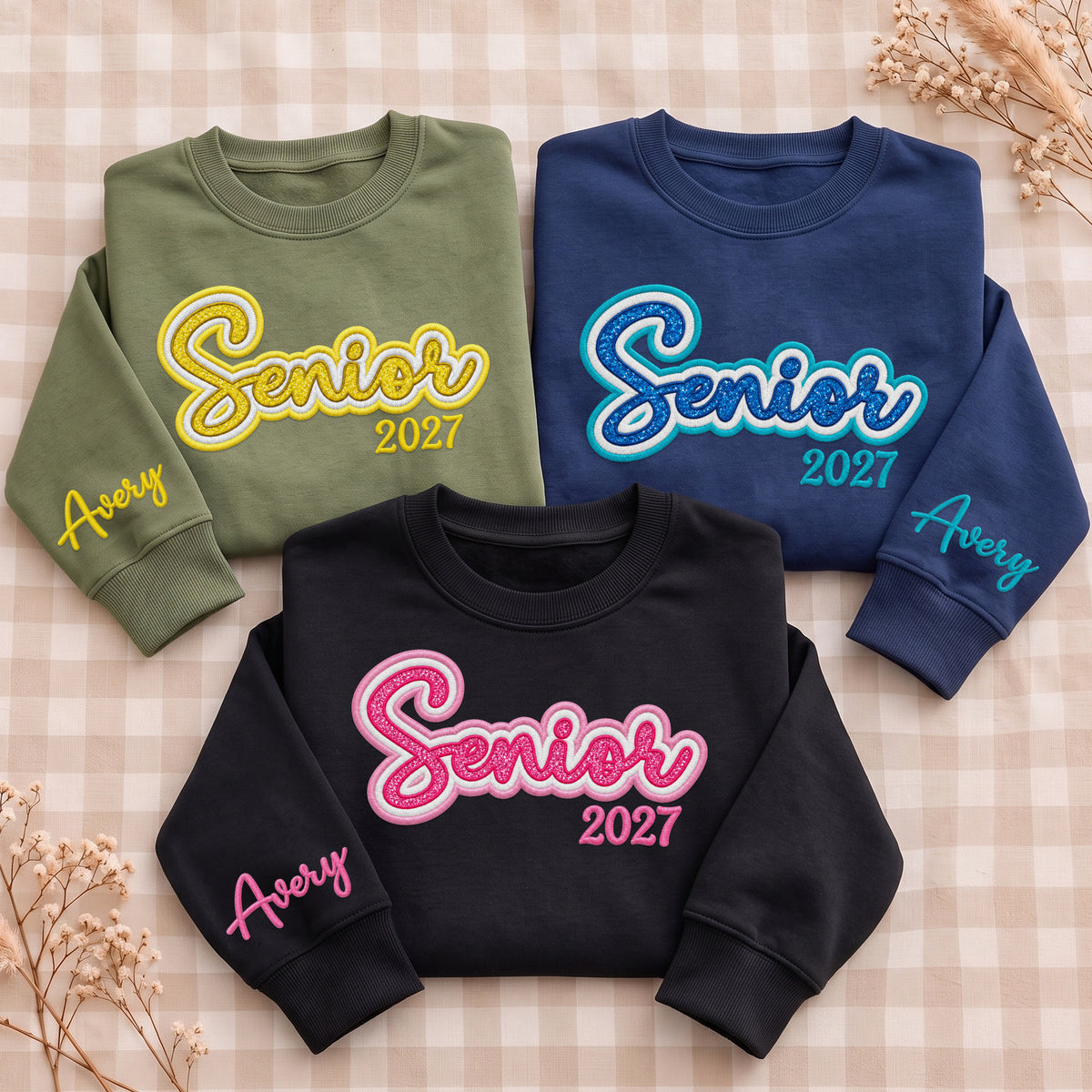 Senior Sweatshirt Custom Name Sleeve Embroidered Glitter Class of Any Year Gift