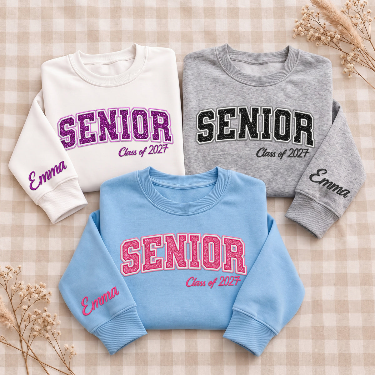 Senior Sweatshirt Glitter Varsity Letter Embroidered Custom Sleeve Name Grad Gift