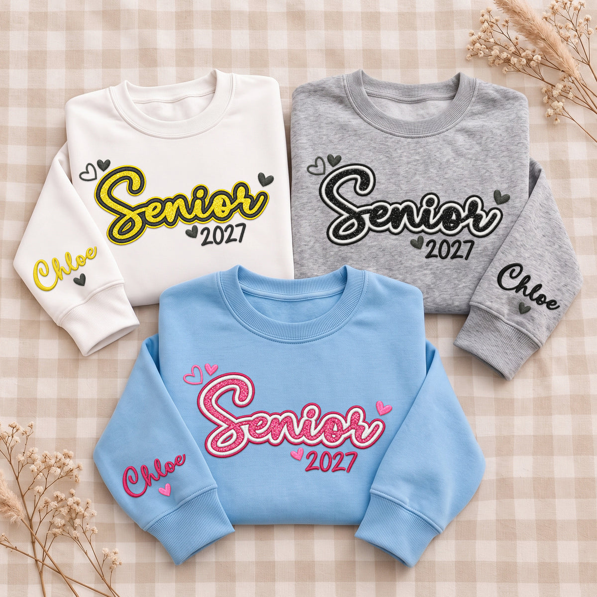 Senior Sweatshirt Custom Name Sleeve Heart Glitter Embroidery Grad Gift Crewneck
