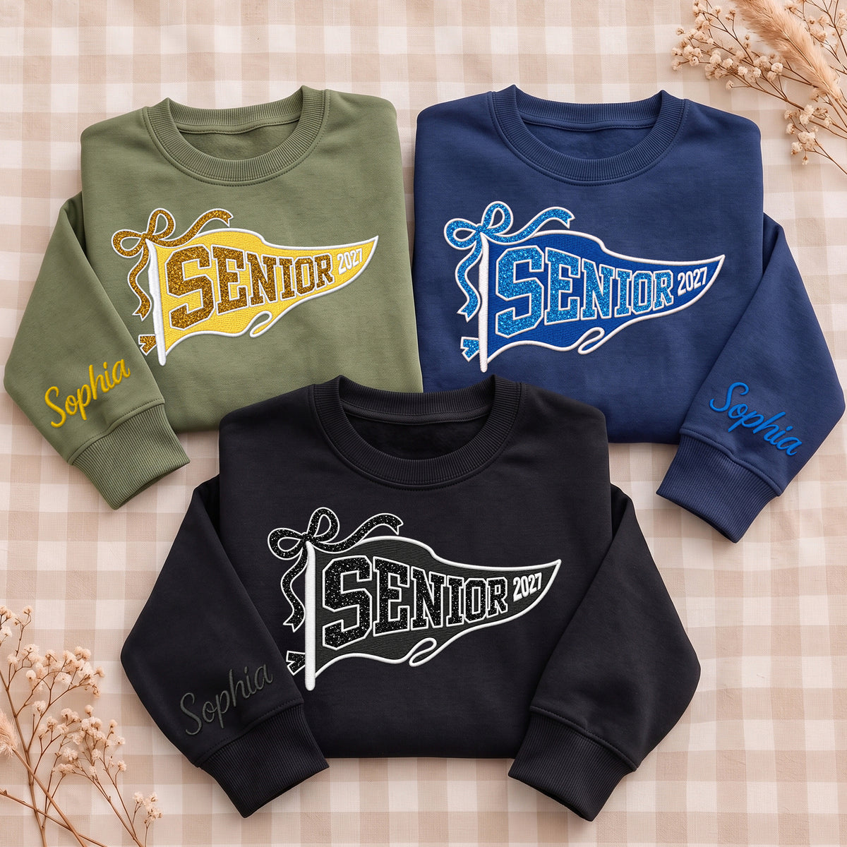 Senior Sweatshirt Pennant Flag Ribbon Glitter Embroidery Custom Name Sleeve Gift