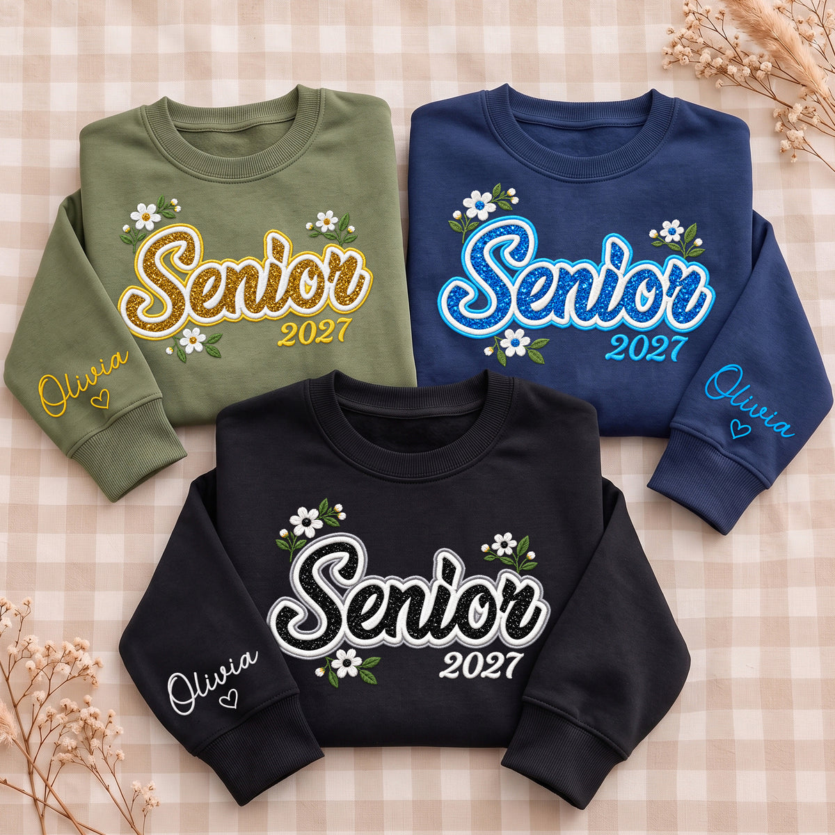 Senior Sweatshirt Floral Daisy Glitter Embroidery Custom Name Sleeve Grad Gift