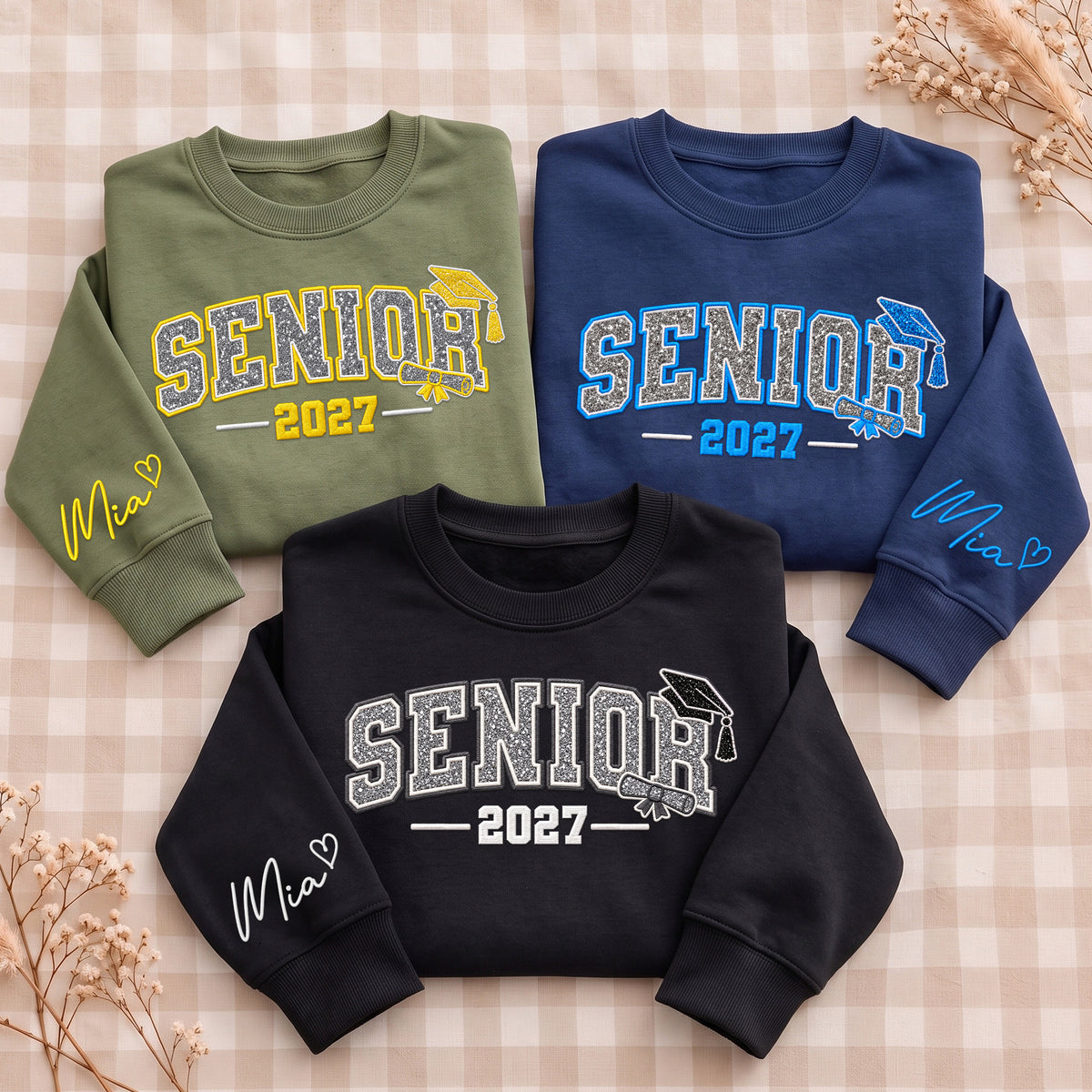 Senior Sweatshirt Grad Cap Diploma Silver Glitter Embroidery Custom Name Sleeve