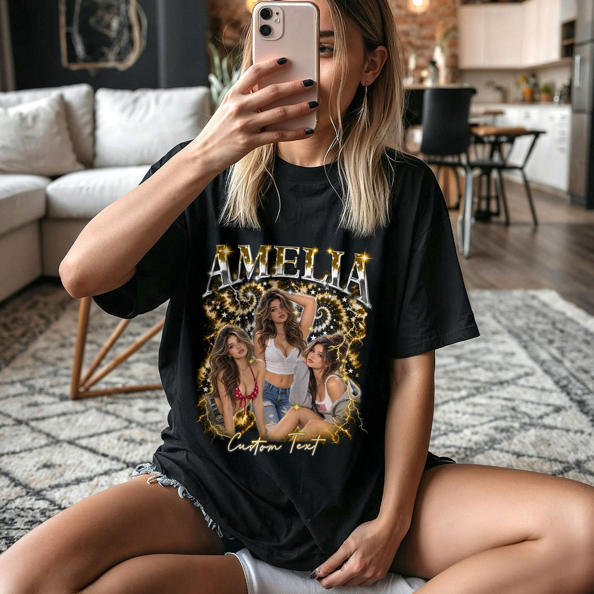 Custom Vintage Photo Collage T Shirt Unisex Patriotic Star Graphic Tee Clothing Top