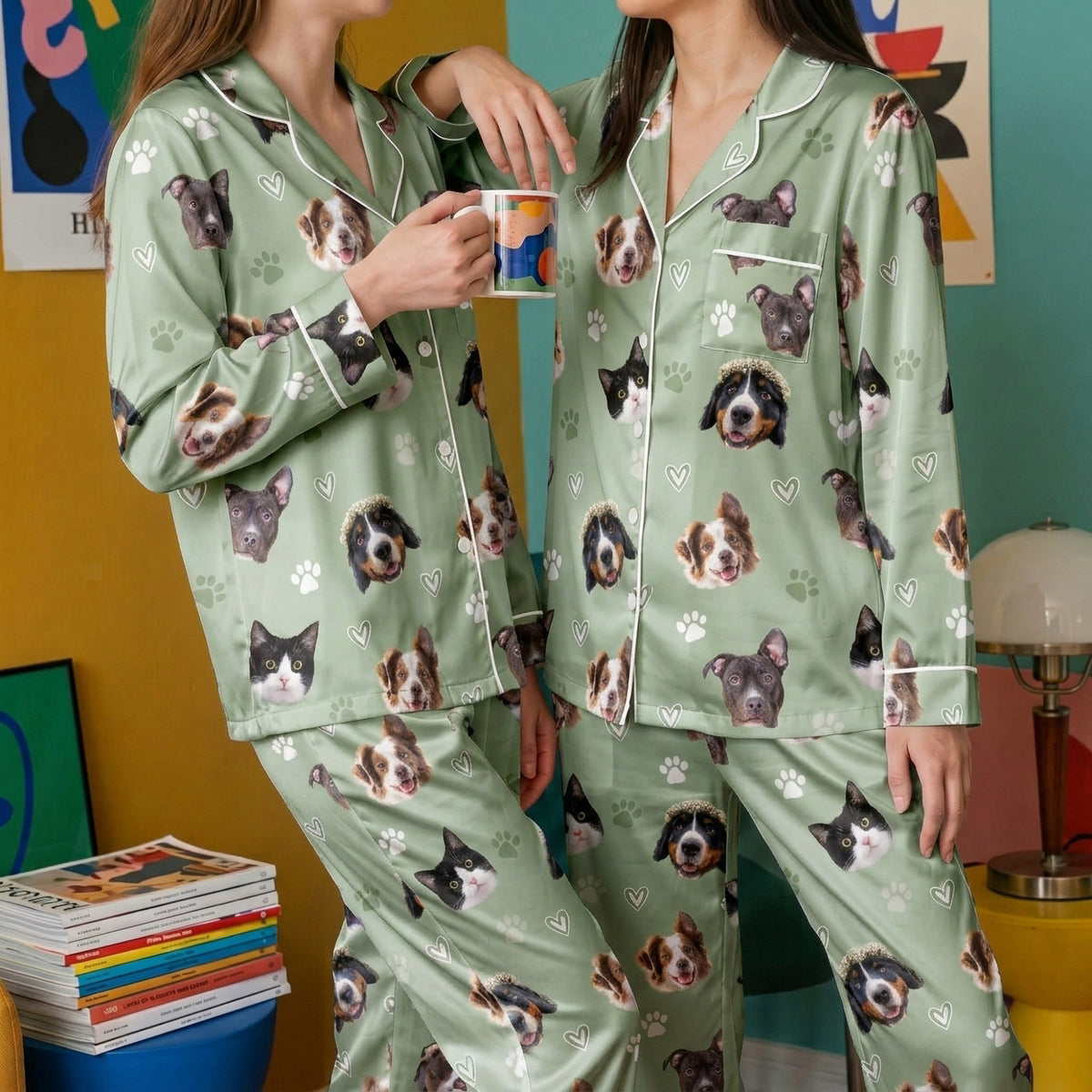 Custom Pet Face Satin Pajamas Set Personalised Dog Cat Face PJs Women Sleepwear Gift