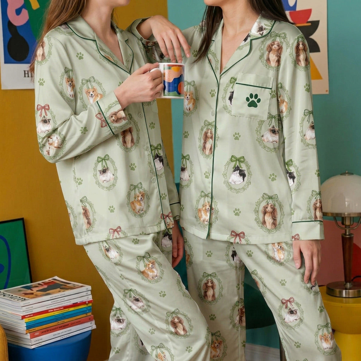 Custom Pet Satin Pajamas Set Personalised Dog Cat Portrait PJs Vintage Bow Sleepwear