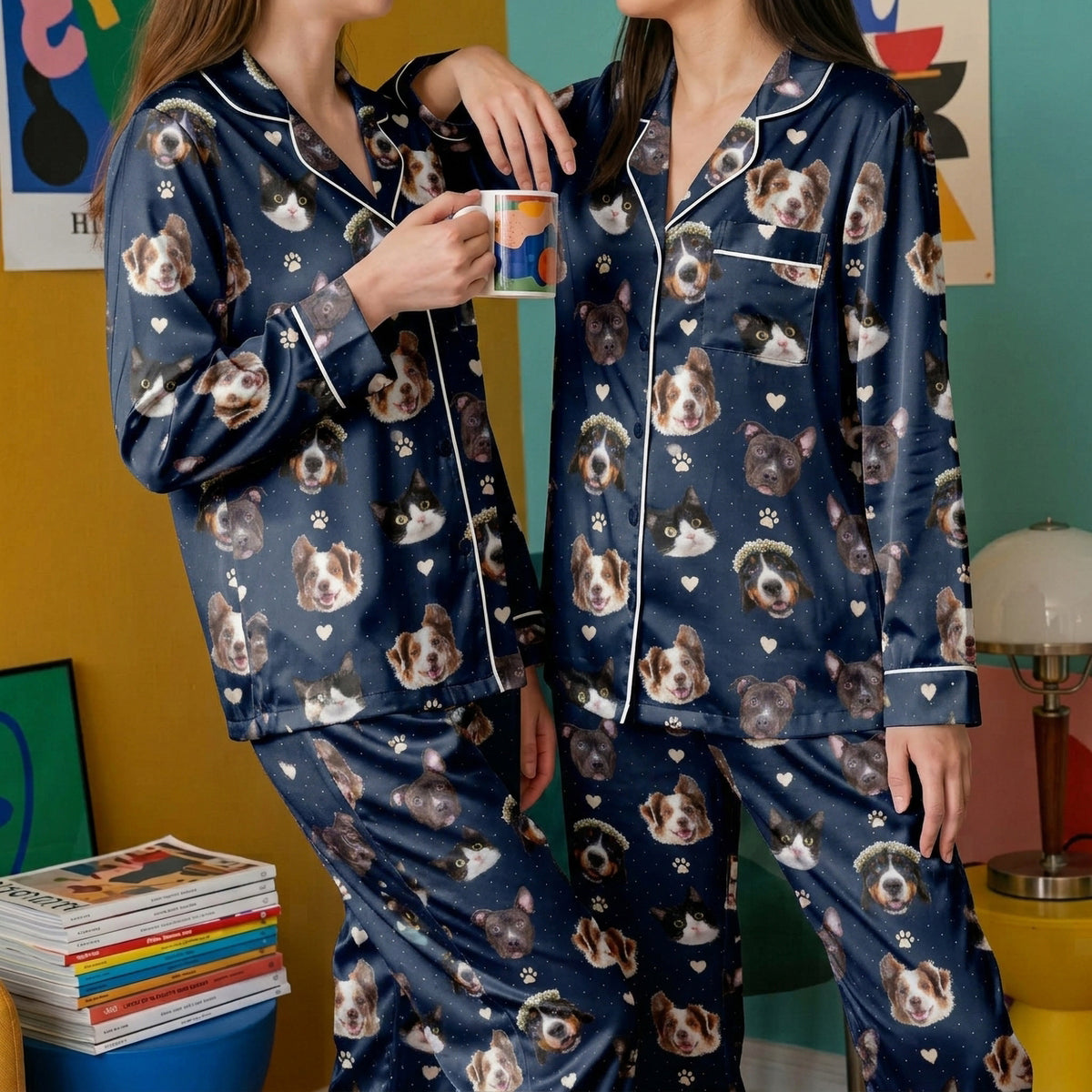 Custom Pet Face Satin Pajamas Personalised Photo Dog Cat PJs Women Long Sleeve Set
