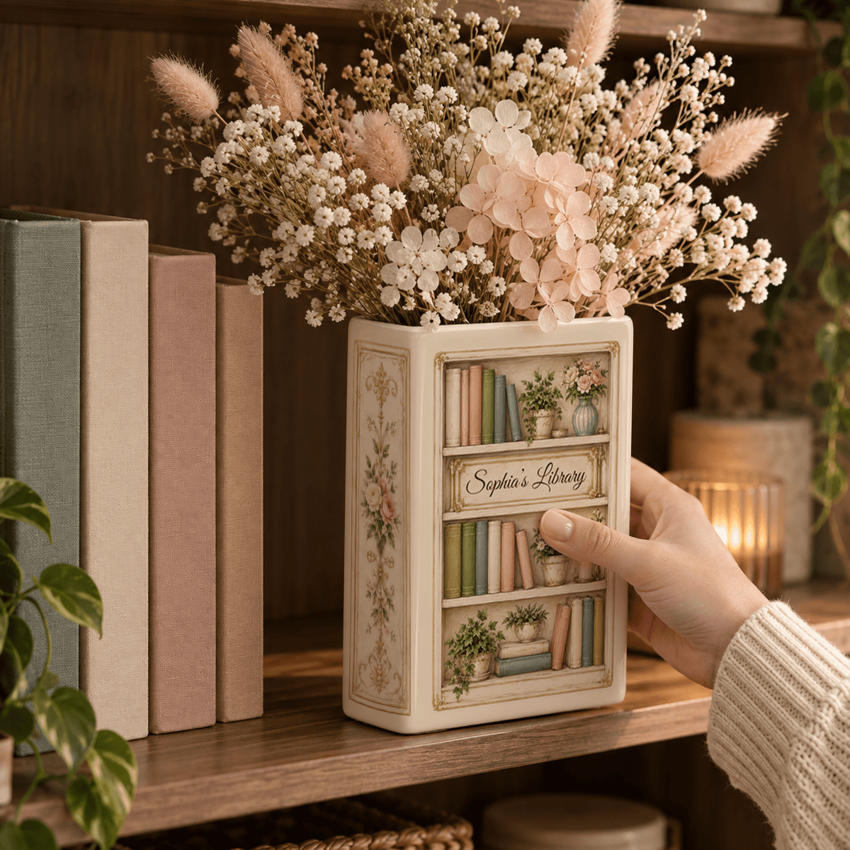 Custom Book Shelf Flower Vase Library Botanical Floral Vase Home Accent Piece Holder