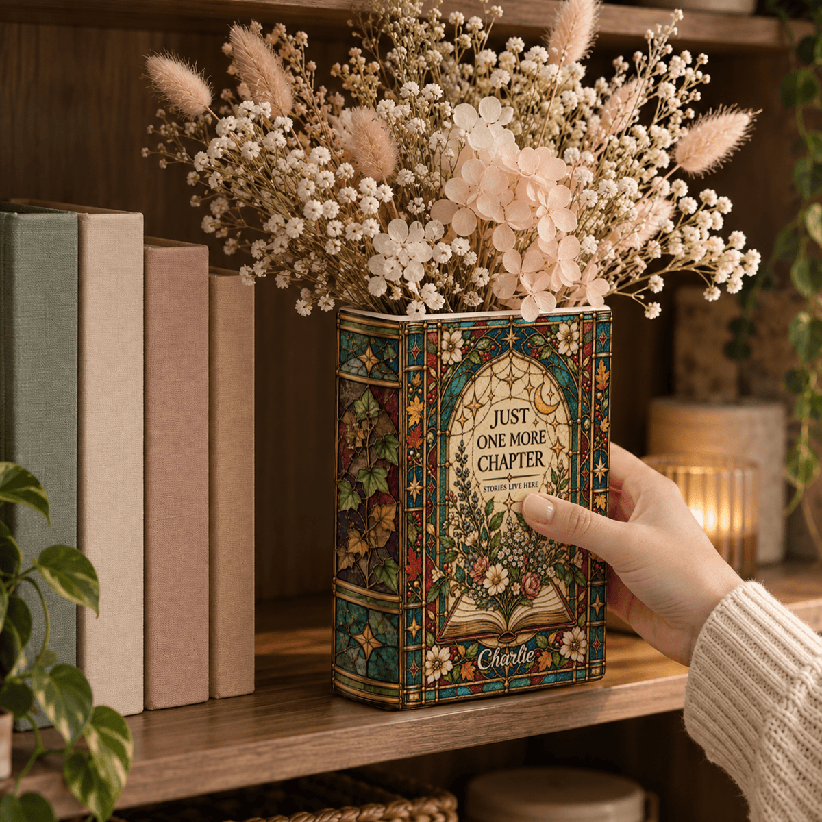 Custom Book Vase Just One More Chapter Stained Glass Floral Flower Holder Centerpiece