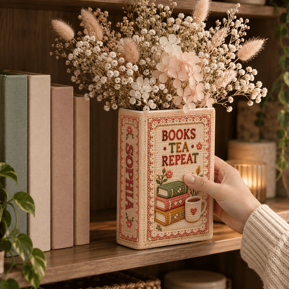 Custom Book Flower Vase Books Tea Repeat Floral Centerpiece Bookish Gift for Book Lovers