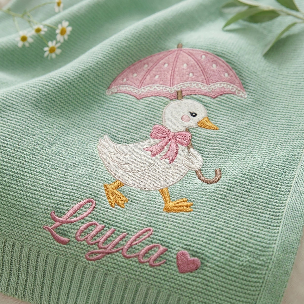Personalized Embroidered Baby Name Blanket Cute Duck Umbrella Custom Knit Baby Shower Gift