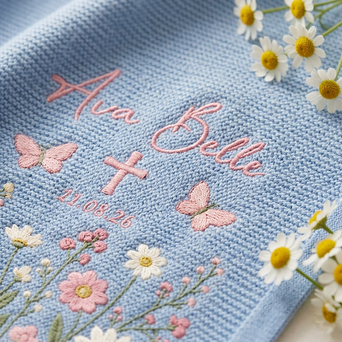 Personalized Embroidered Baby Name Blanket Baptism Cross Floral Knit Baby Shower Gift