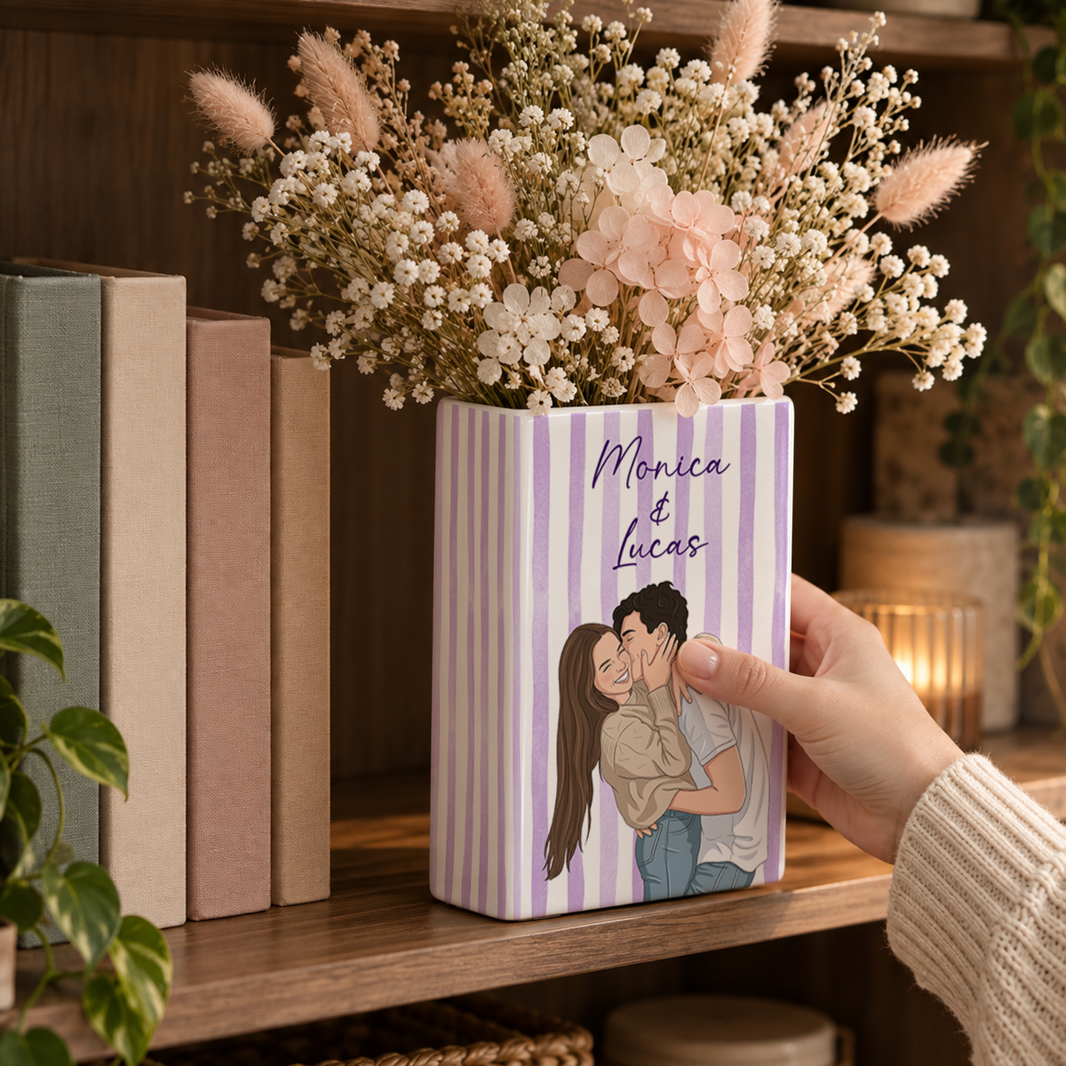 Custom Wedding Book Vase Couple Portrait Striped Pattern Ceramic Flower Tabletop Holder
