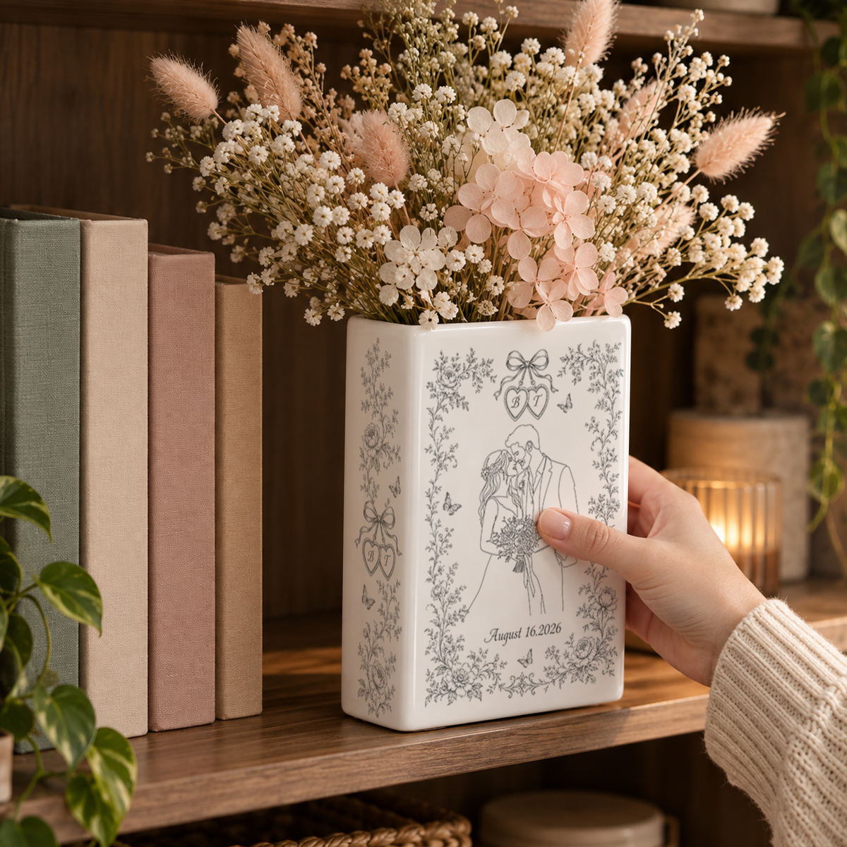 Custom Wedding Book Vase Ribbon Hearts Bride Groom Line Art Ceramic Tabletop Holder
