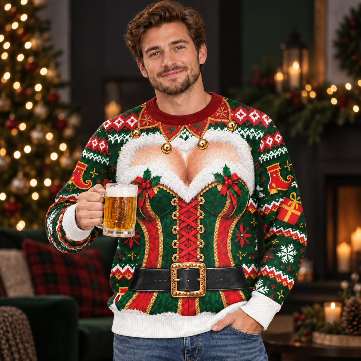 Funny Ugly Christmas Sweater Custom Skin Tone Sexy Cleavage Graphic Xmas Party Sweatshirt