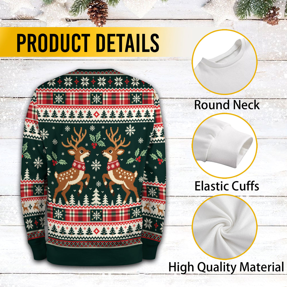 Custom Logo Ugly Sweater Green Reindeer Holly Berry Plaid Patterned Xmas Pullover
