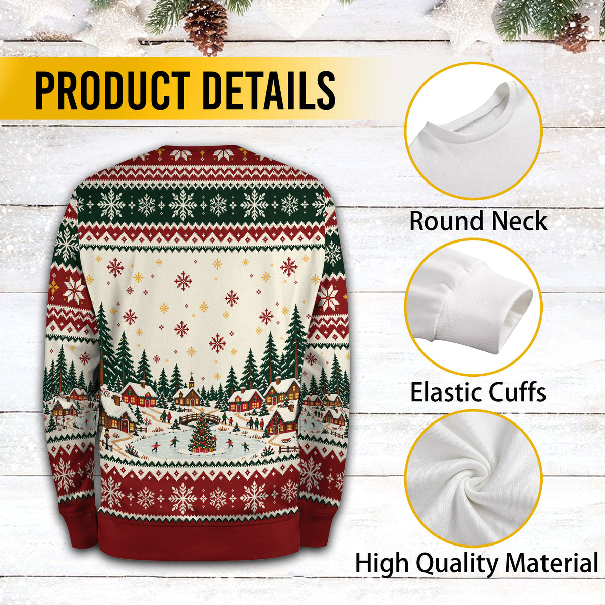 Custom Logo Ugly Christmas Sweater Snowy Village Ice Skating Patterned Holiday Jumper