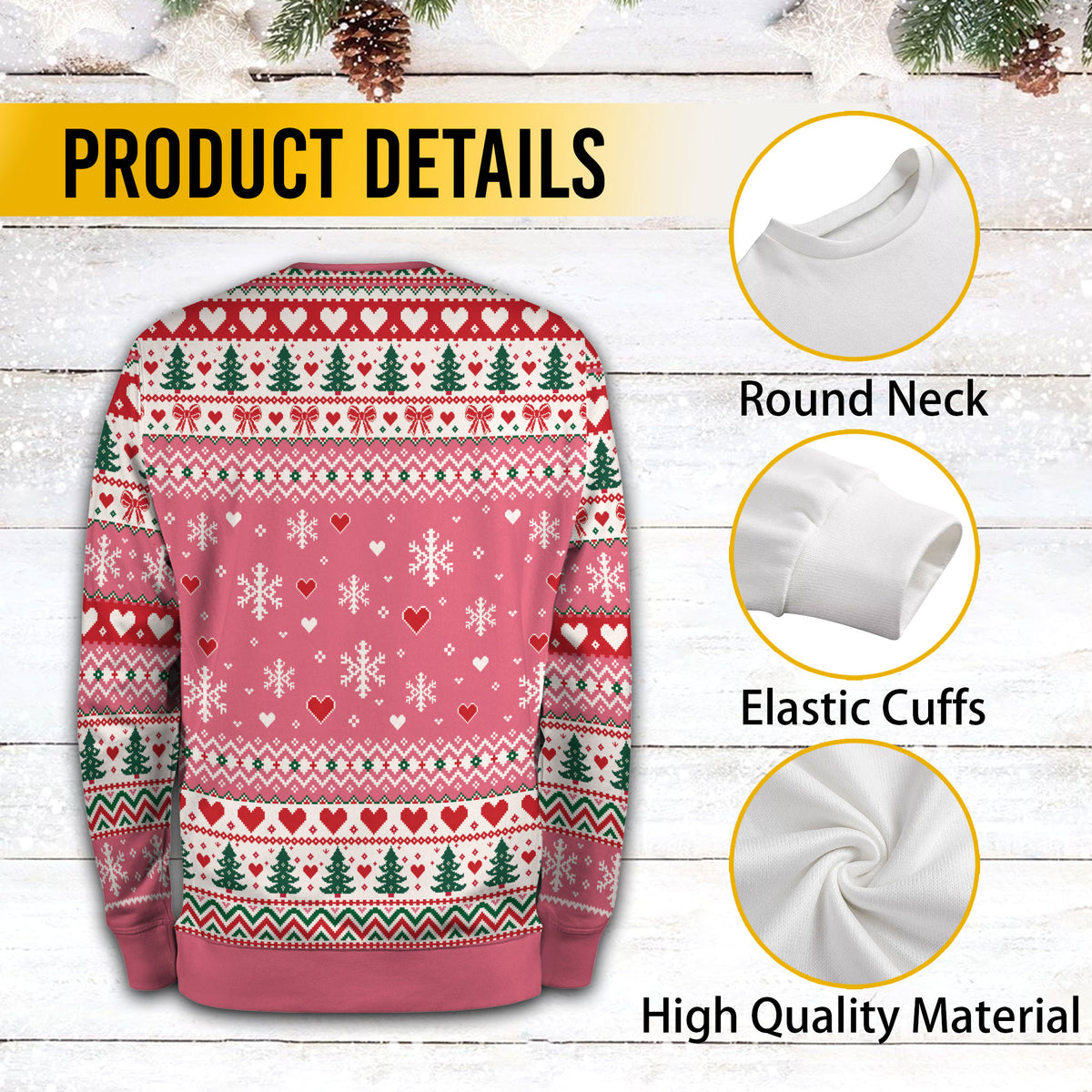Custom Logo Ugly Christmas Sweater Pink Wreath Red Bow Heart Patterned Holiday Jumper