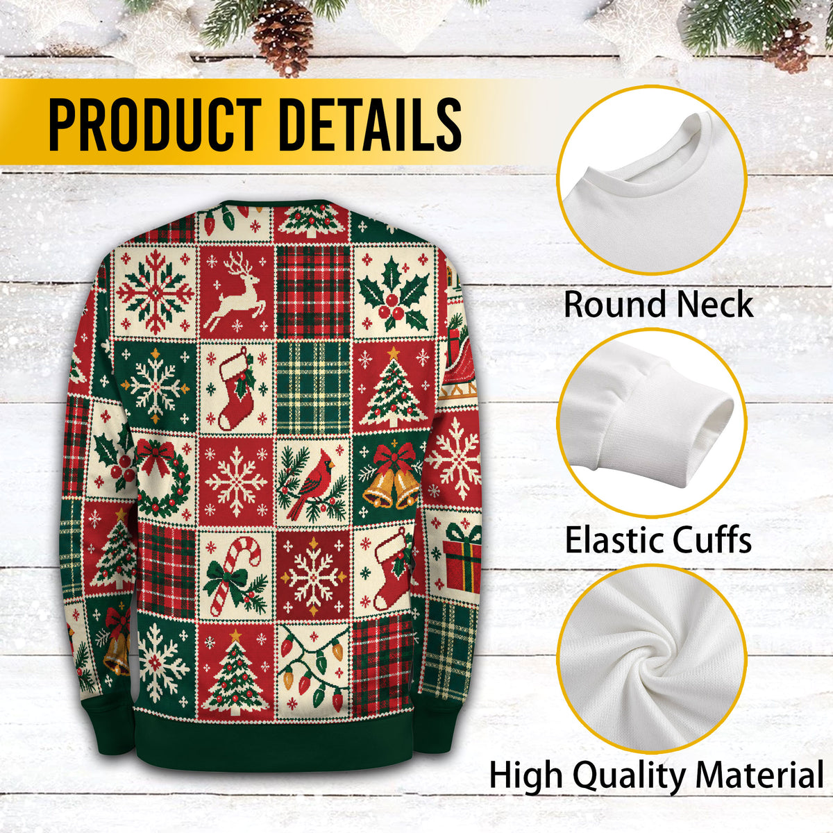 Custom Logo Ugly Christmas Sweater Patchwork Reindeer Plaid Grid Patterned Holiday Jumper