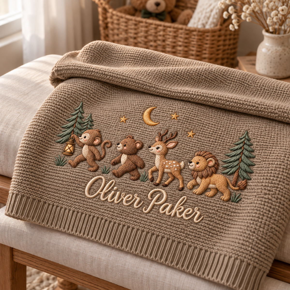 Personalized Embroidered Baby Blanket Custom Name Woodland Animal Knit Blanket Nursery Gift