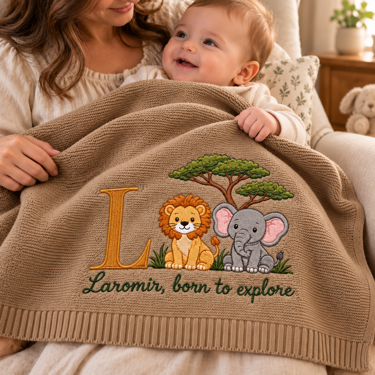 Personalized Embroidered Baby Blanket Custom Initial Lion Elephant Knit Nursery Gift