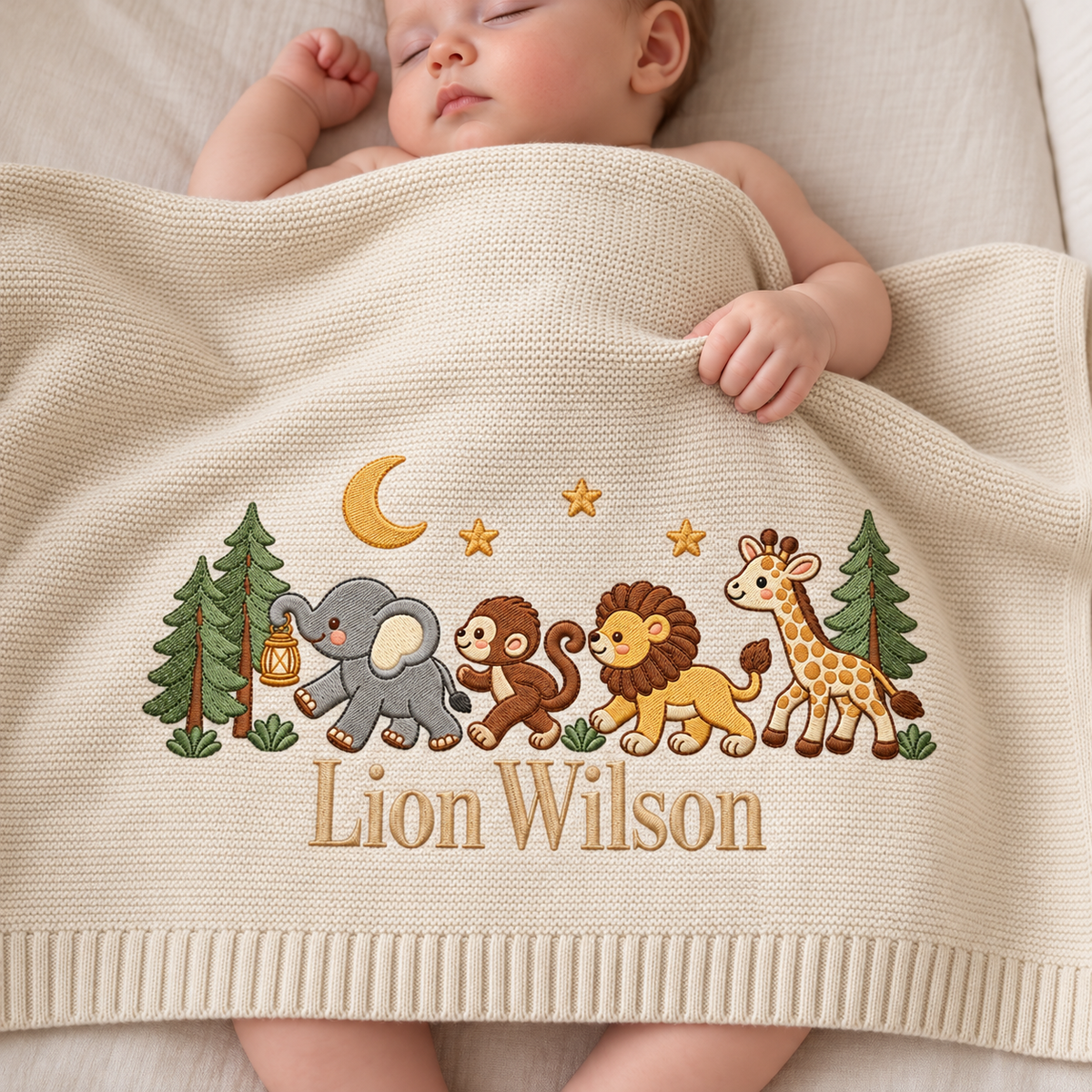 Personalized Embroidered Baby Blanket Custom Elephant Lion Giraffe Knit Baby Shower Gift