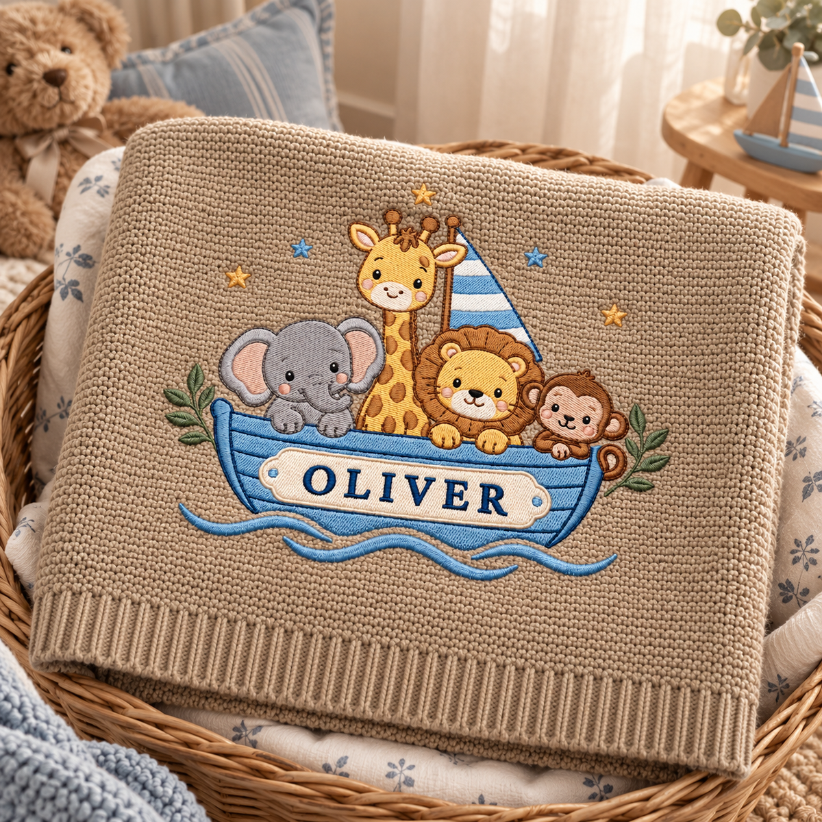 Personalized Embroidered Baby Blanket Custom Name Noah Ark Boat Knit Nursery Blanket