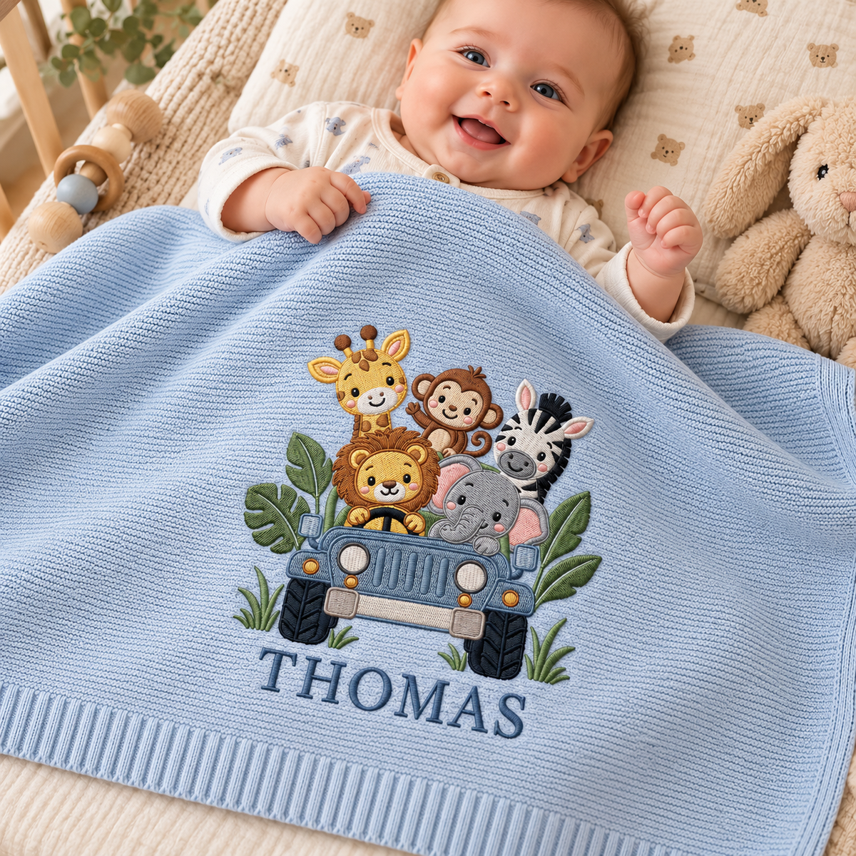 Custom Embroidered Baby Blanket Personalized Safari Car Animal Knit Baby Shower Gift