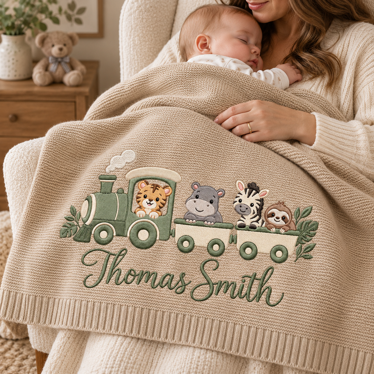 Personalized Embroidered Baby Blanket Custom Name Safari Train Knit Nursery Blanket