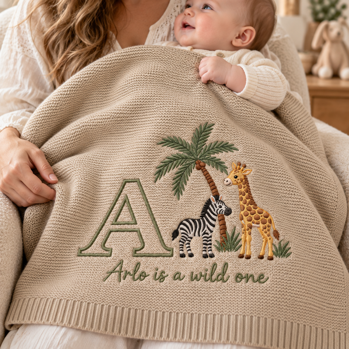 Personalized Embroidered Baby Blanket Custom Initial Wild One Knit Nursery Blanket