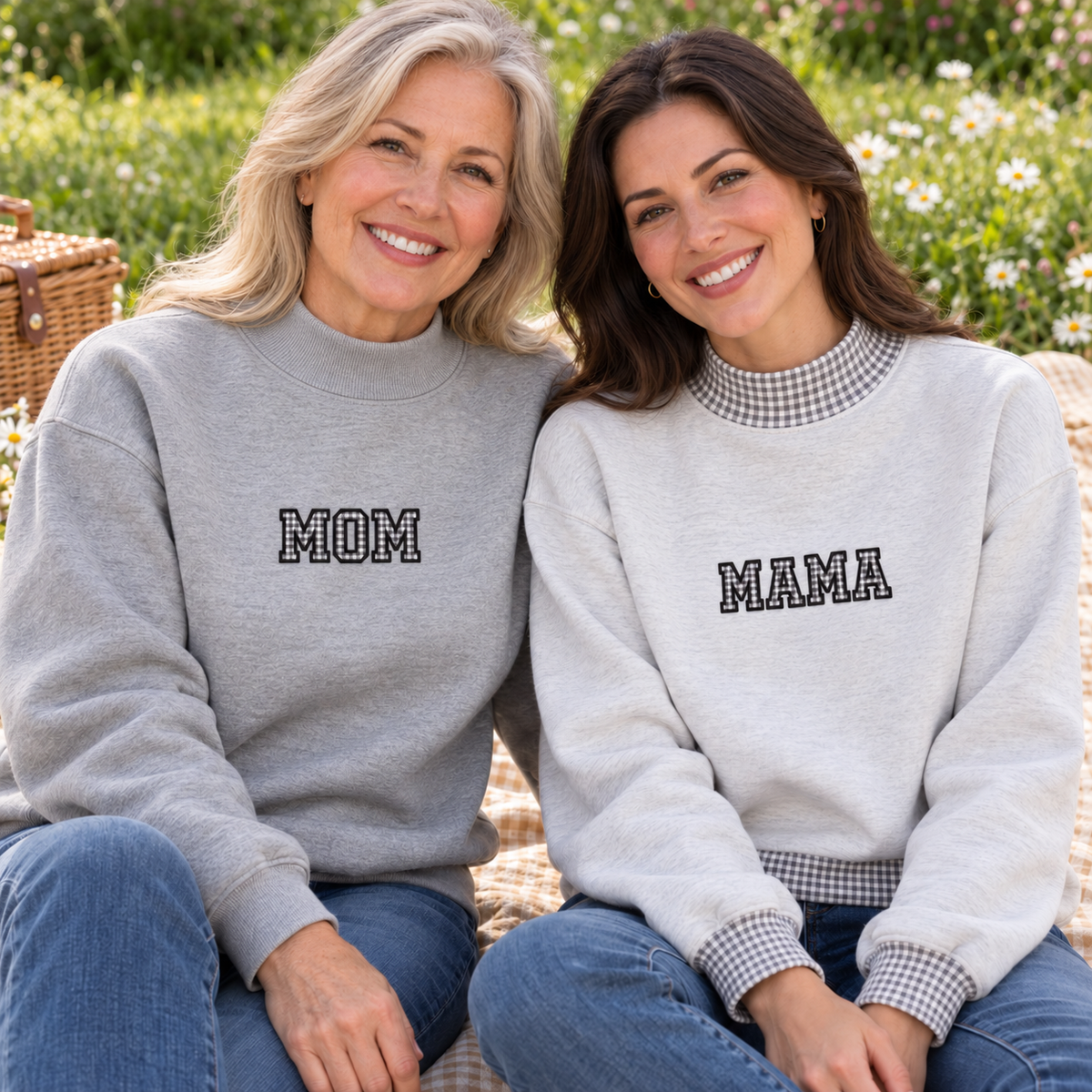 Custom Family Applique Embroid Name Gingham Collar Sleeve Pullover Mockneck Sweatshirt