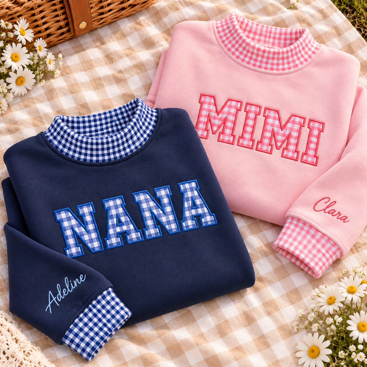Custom Family Applique Embroid Coquette Bow Polka Dot Collar Mockneck Sweatshirt