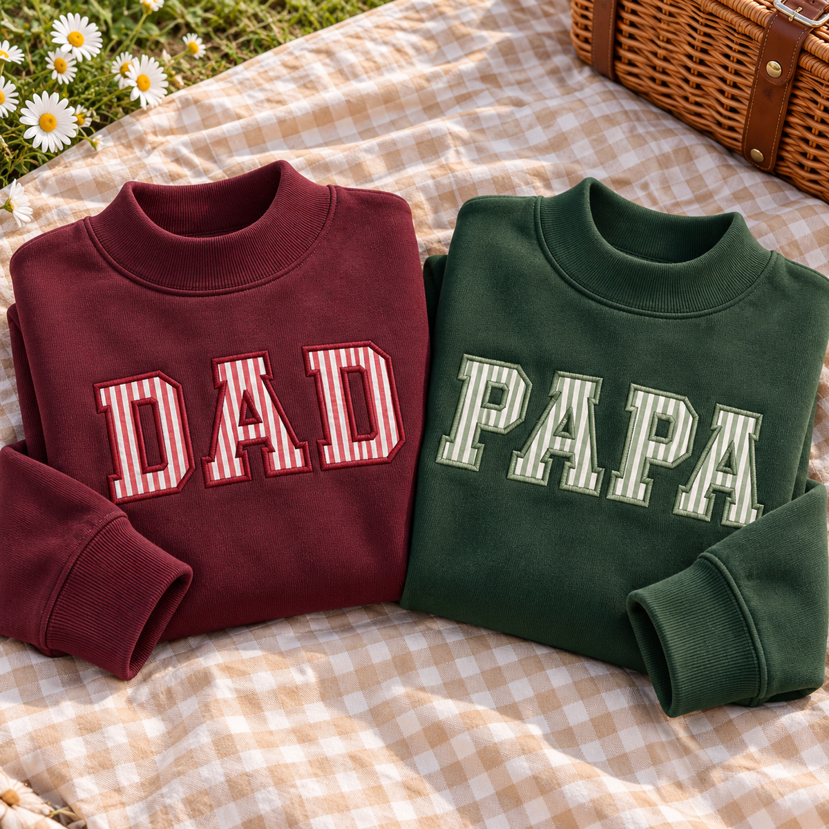 Custom Name Family Applique Embroid Gingham Polka Dot Collar Mockneck Sweatshirt