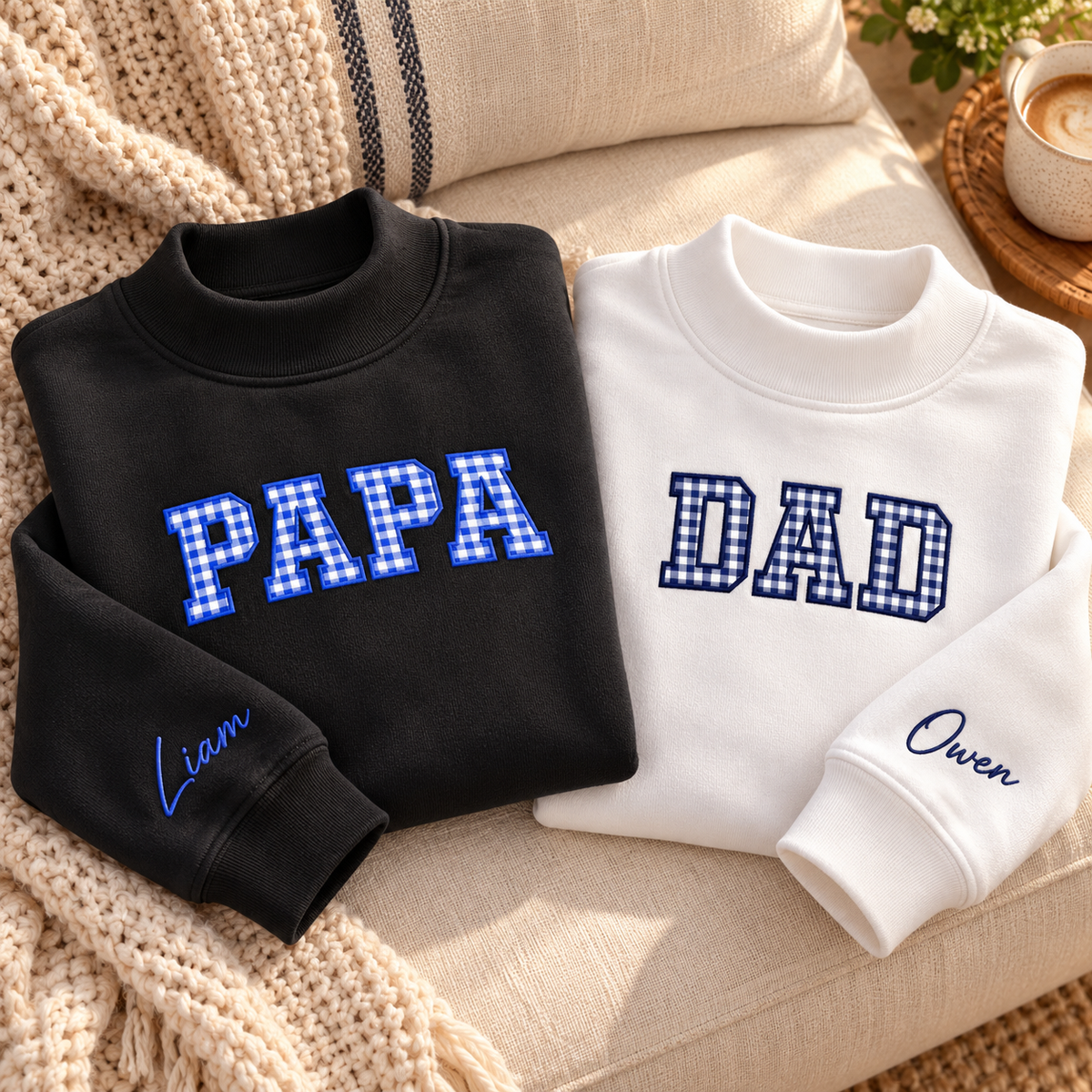 Custom Name Family Applique Embroid Stripe Gingham Collar Sleeve Mockneck Sweatshirt