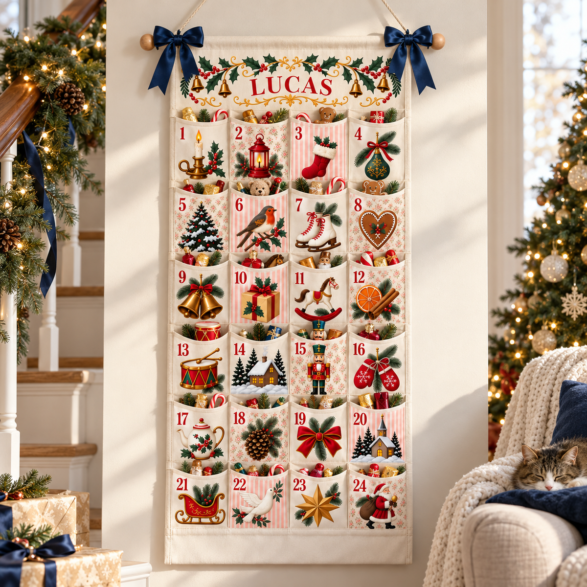 Custom Name Embroid Christmas Advent Calendar Classic Holiday Wall Hanging Pocket