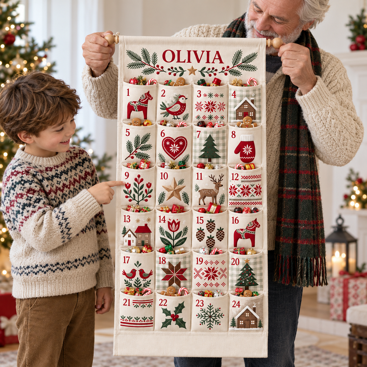 Custom Name Embroid Christmas Advent Calendar Nordic Folk Art Wall Hanging Pocket