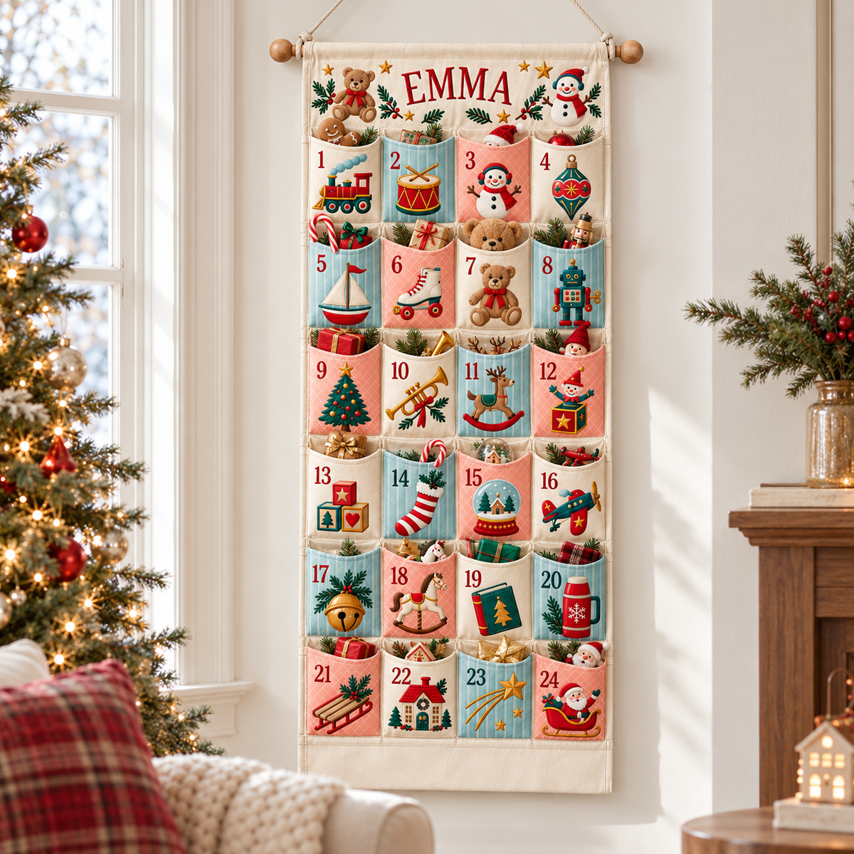 Custom Name Embroid Christmas Advent Calendar Retro Toy Train Wall Hanging Pocket