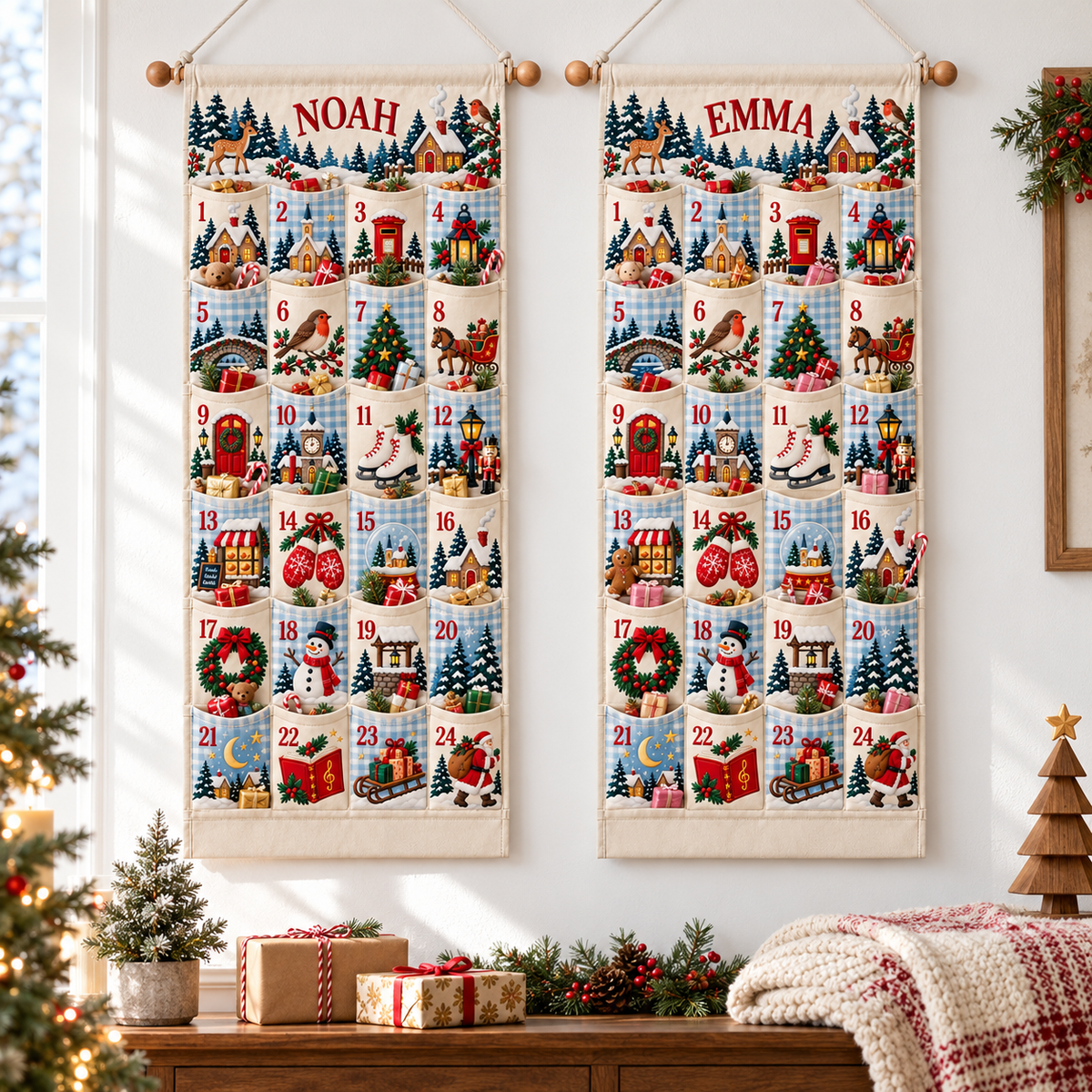 Custom Name Embroid Christmas Advent Calendar Country Village Wall Hanging Pocket