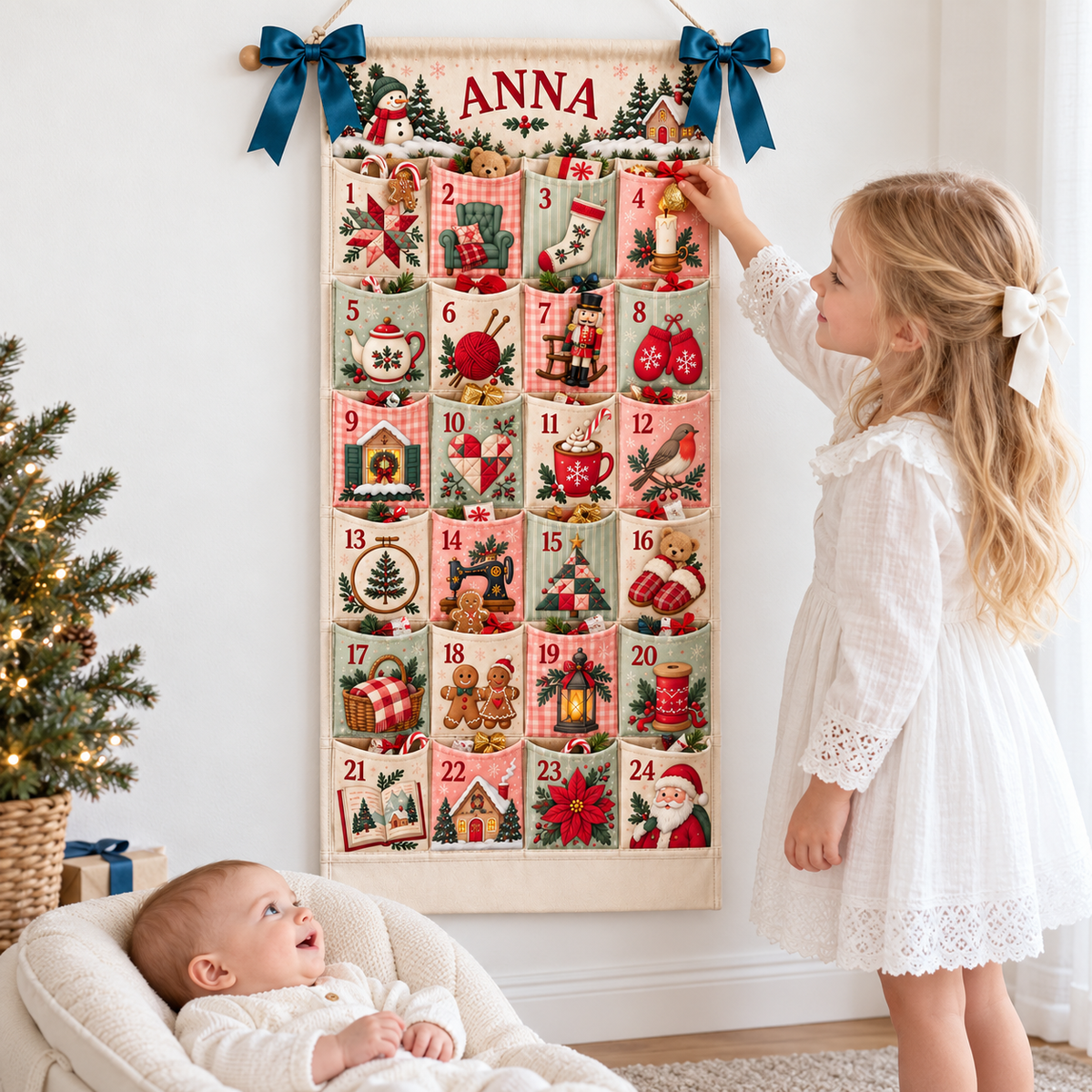 Custom Name Embroid Christmas Advent Calendar Cozy Handcraft Wall Hanging Pocket