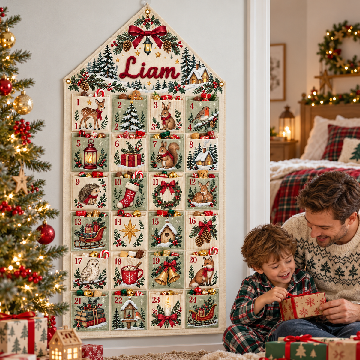 Custom Name Embroid Christmas Advent Calendar Woodland Animal Wall Hanging Pocket