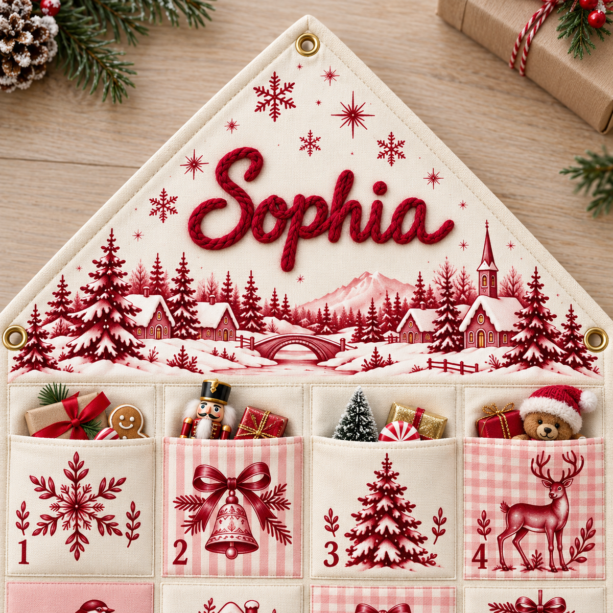 Custom Name Embroid Christmas Advent Calendar Toile De Jouy Vintage Wall Hanging Pocket
