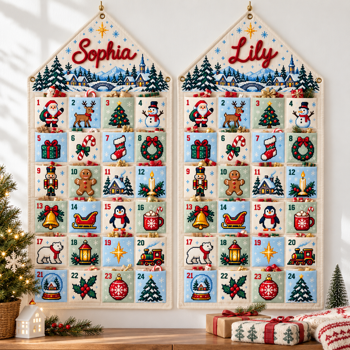 Custom Name Embroid Christmas Advent Calendar Pixel Art Santa Wall Hanging Pocket
