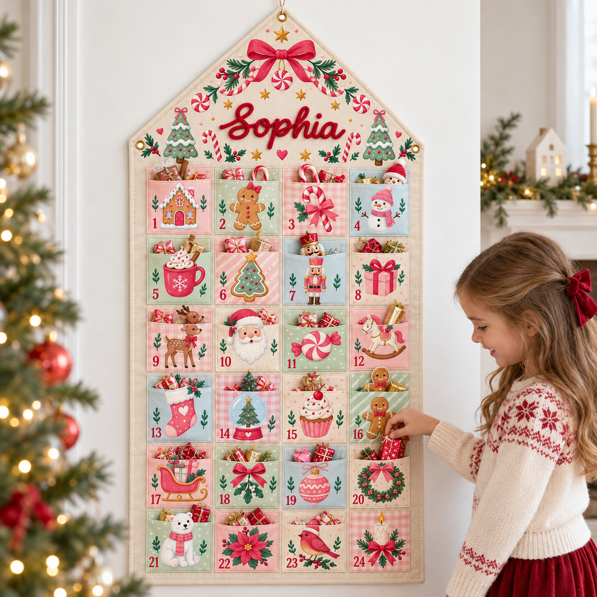 Custom Name Embroid Christmas Advent Calendar Gingerbread Santa Wall Hanging Pocket